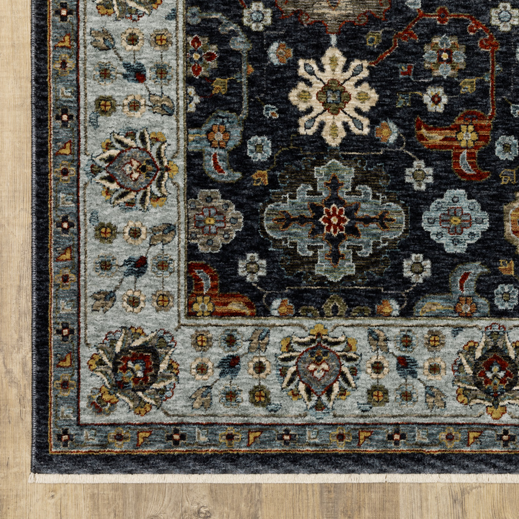 8" X 11" Blue and Beige Oriental Power Loom Area Rug With Fringe