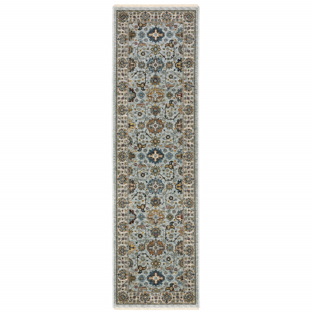 8" Blue And Ivory Oriental Power Loom Runner Rug With Fringe