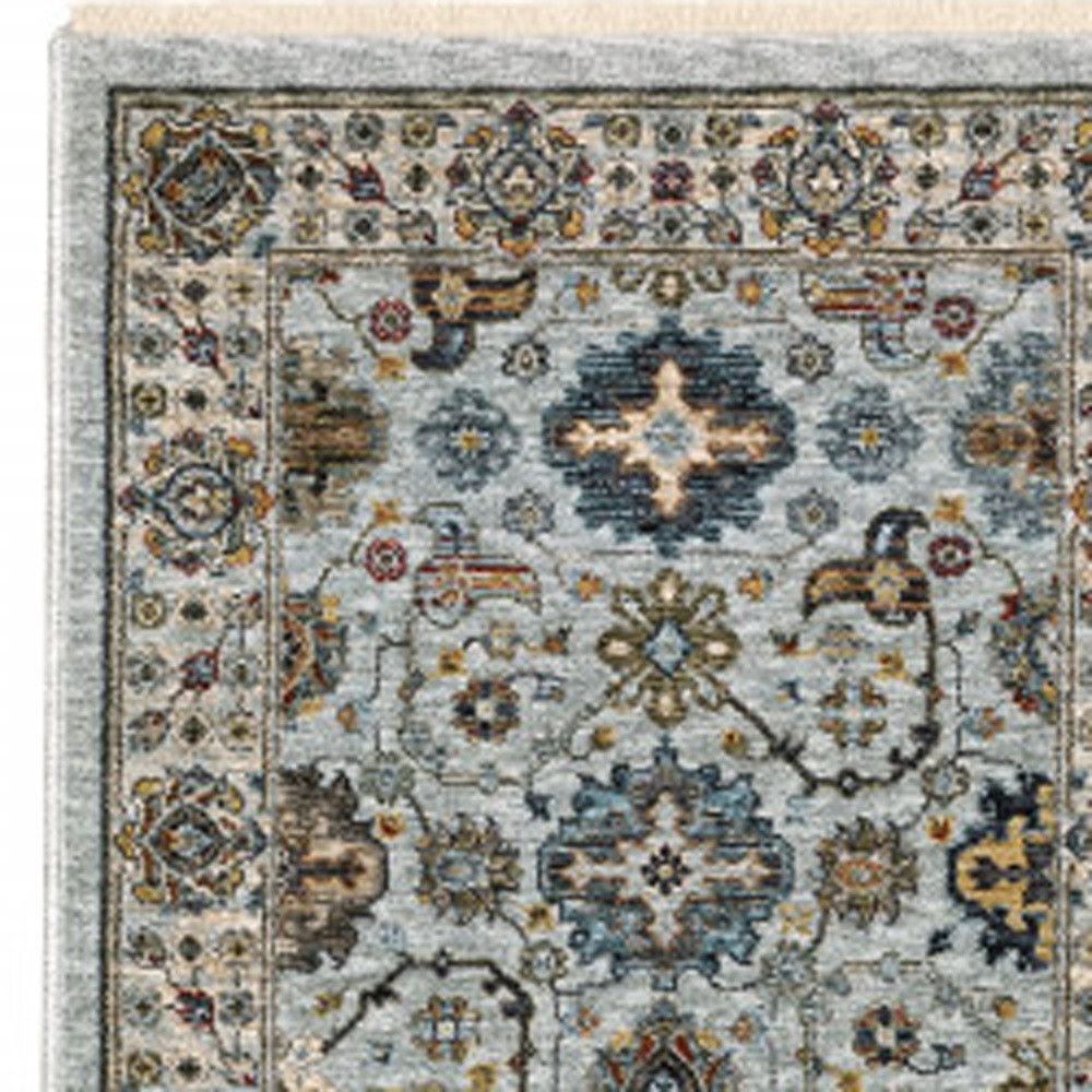 8" Blue And Ivory Oriental Power Loom Runner Rug With Fringe