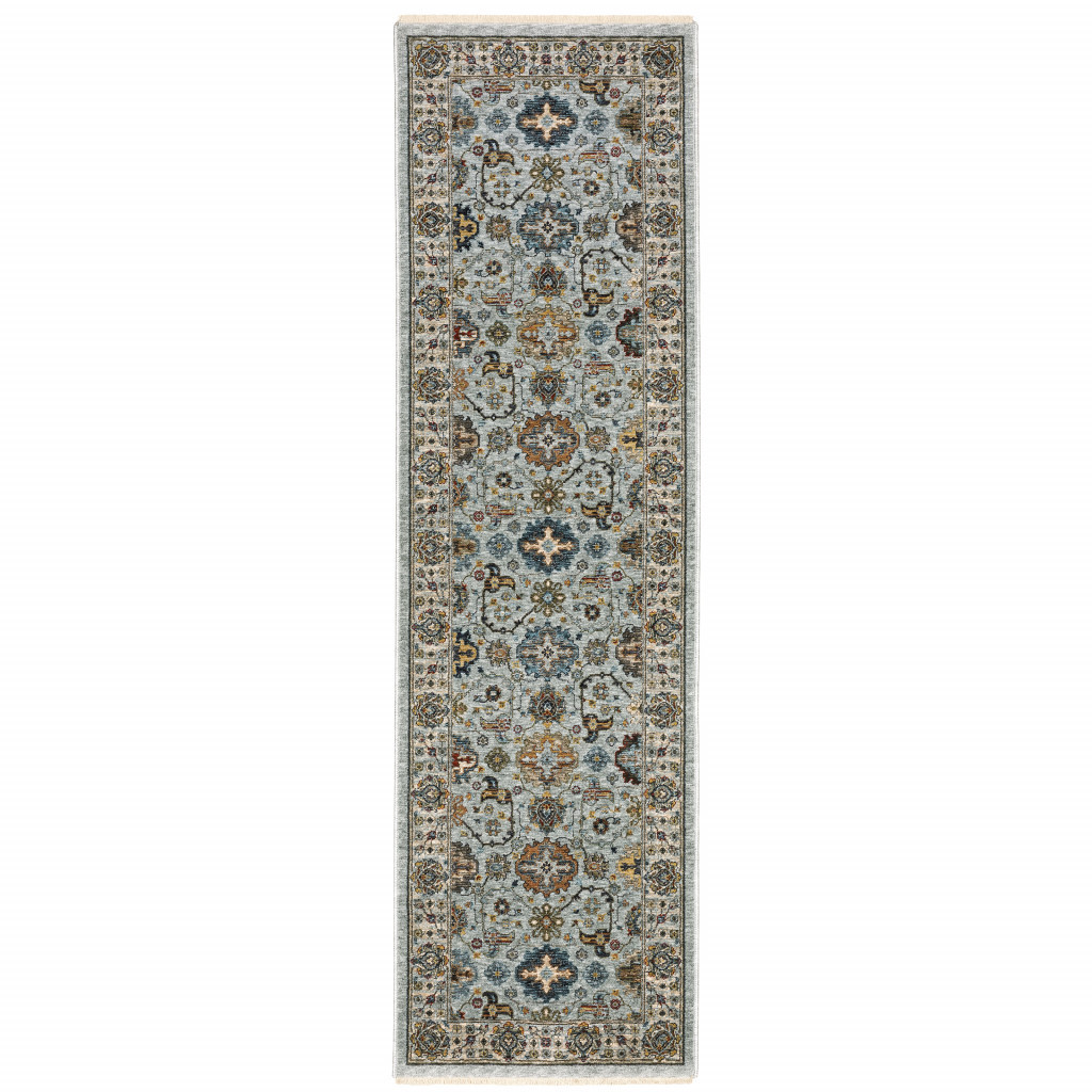 8" Blue And Ivory Oriental Power Loom Runner Rug With Fringe