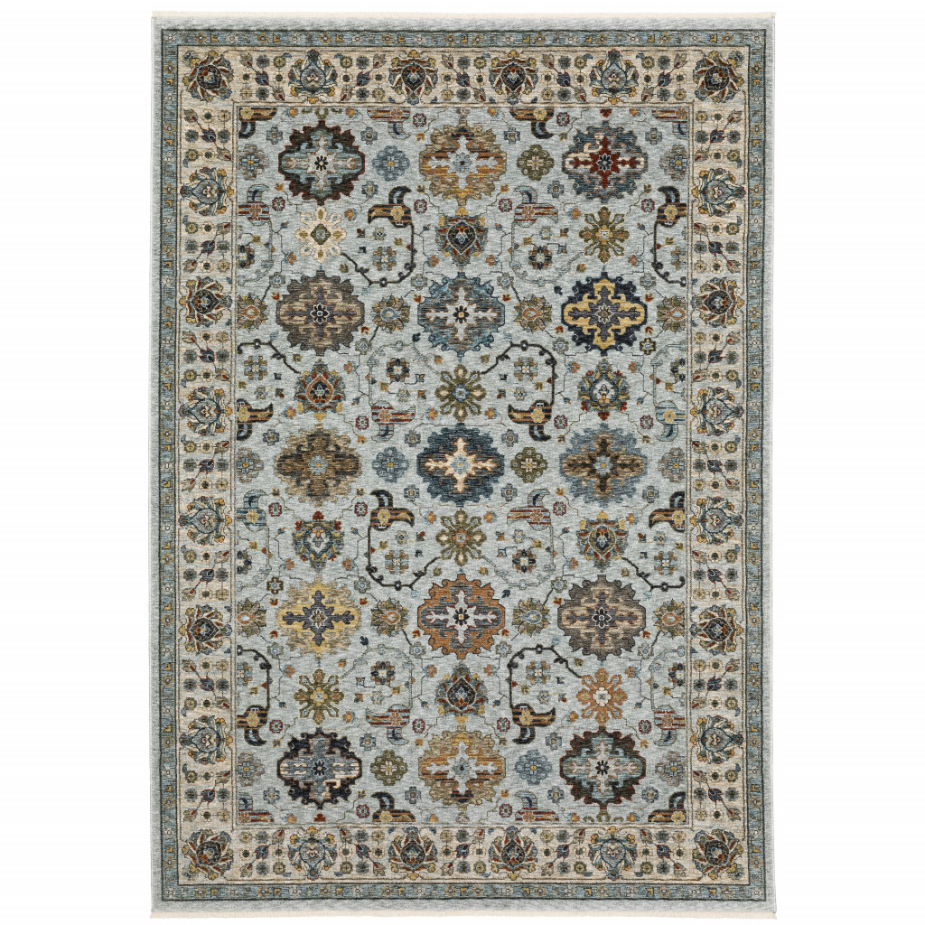 2 X 3 Blue Beige grey green Yellow And Rust Oriental Power Loom Stain Resistant Area Rug With Fringe