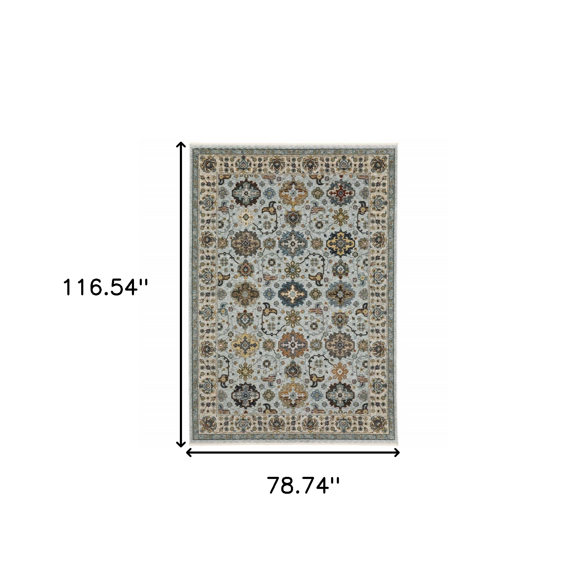 7" X 10" Blue and Beige Oriental Power Loom Area Rug With Fringe