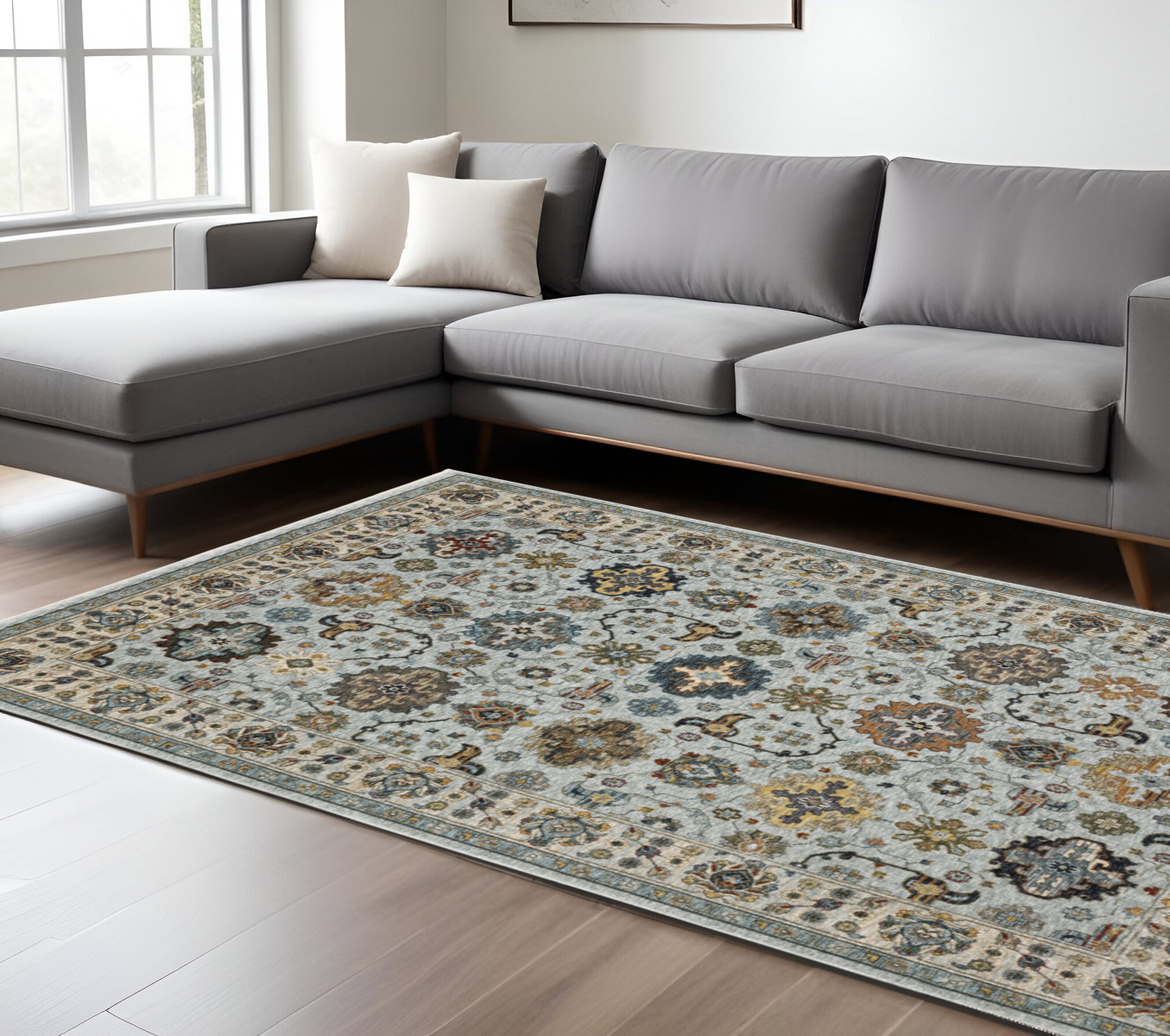 7" X 10" Blue and Beige Oriental Power Loom Area Rug With Fringe