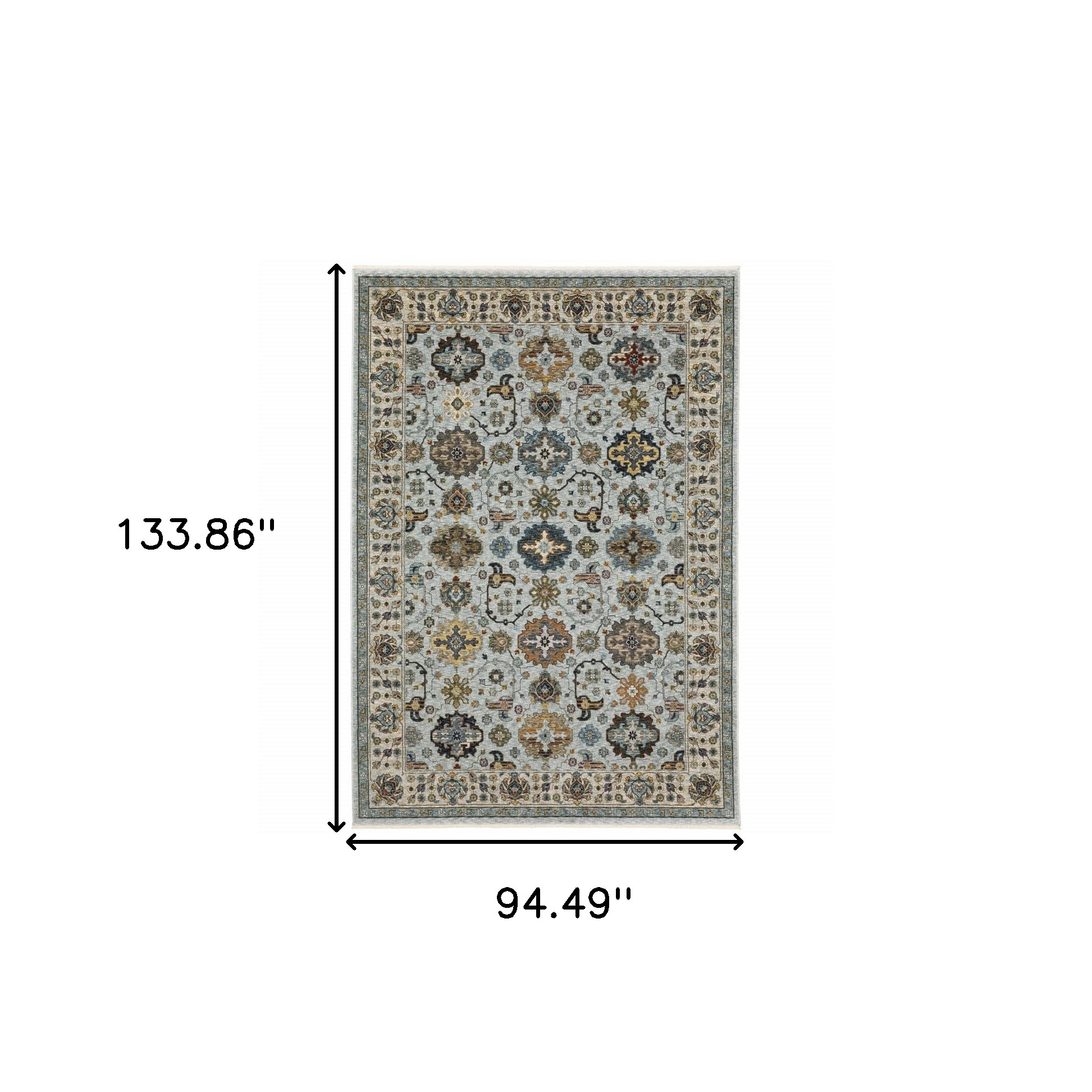 8" X 11" Blue and Beige Oriental Power Loom Area Rug With Fringe