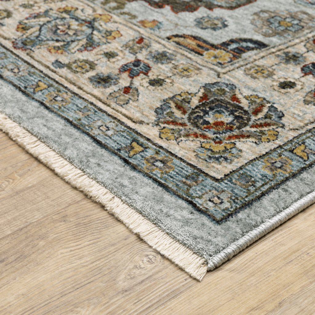 8" X 11" Blue and Beige Oriental Power Loom Area Rug With Fringe