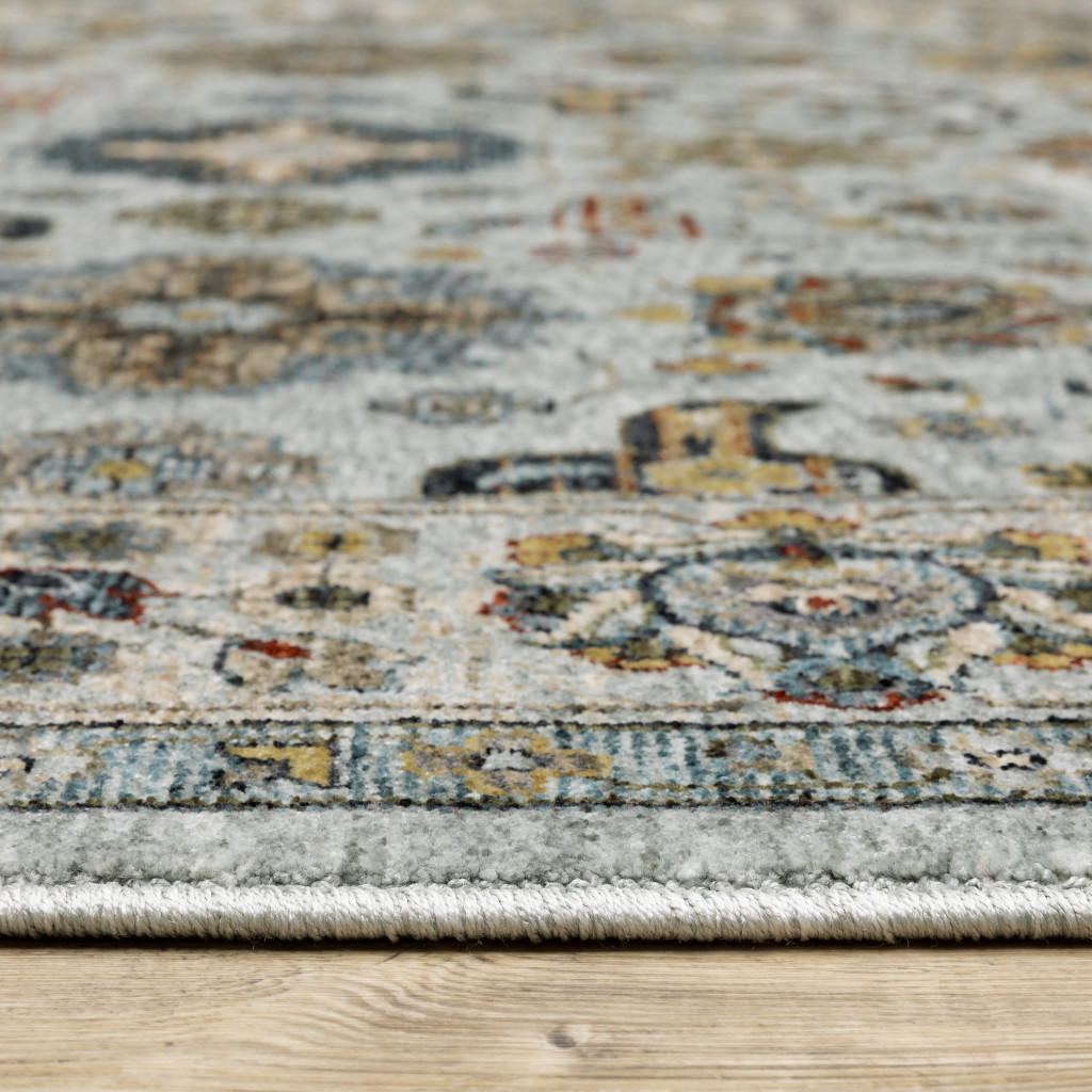 8" X 11" Blue and Beige Oriental Power Loom Area Rug With Fringe