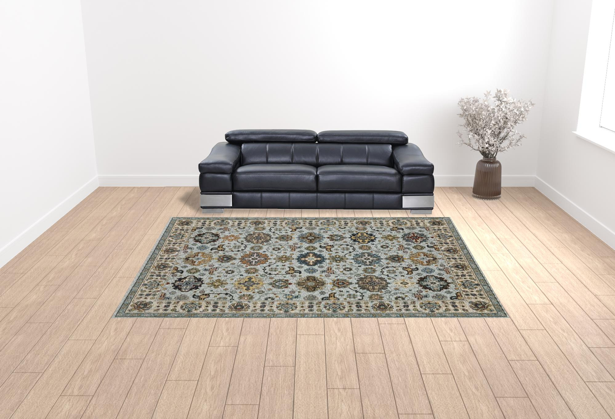 10" X 13" Blue Beige Grey Green Yellow And Rust Oriental Power Loom Stain Resistant Area Rug With Fringe