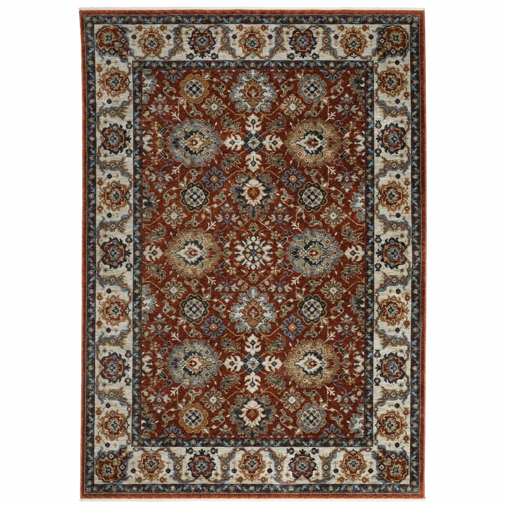 2 X 3 Red Blue Ivory gold And Navy Oriental Power Loom Stain Resistant Area Rug With Fringe