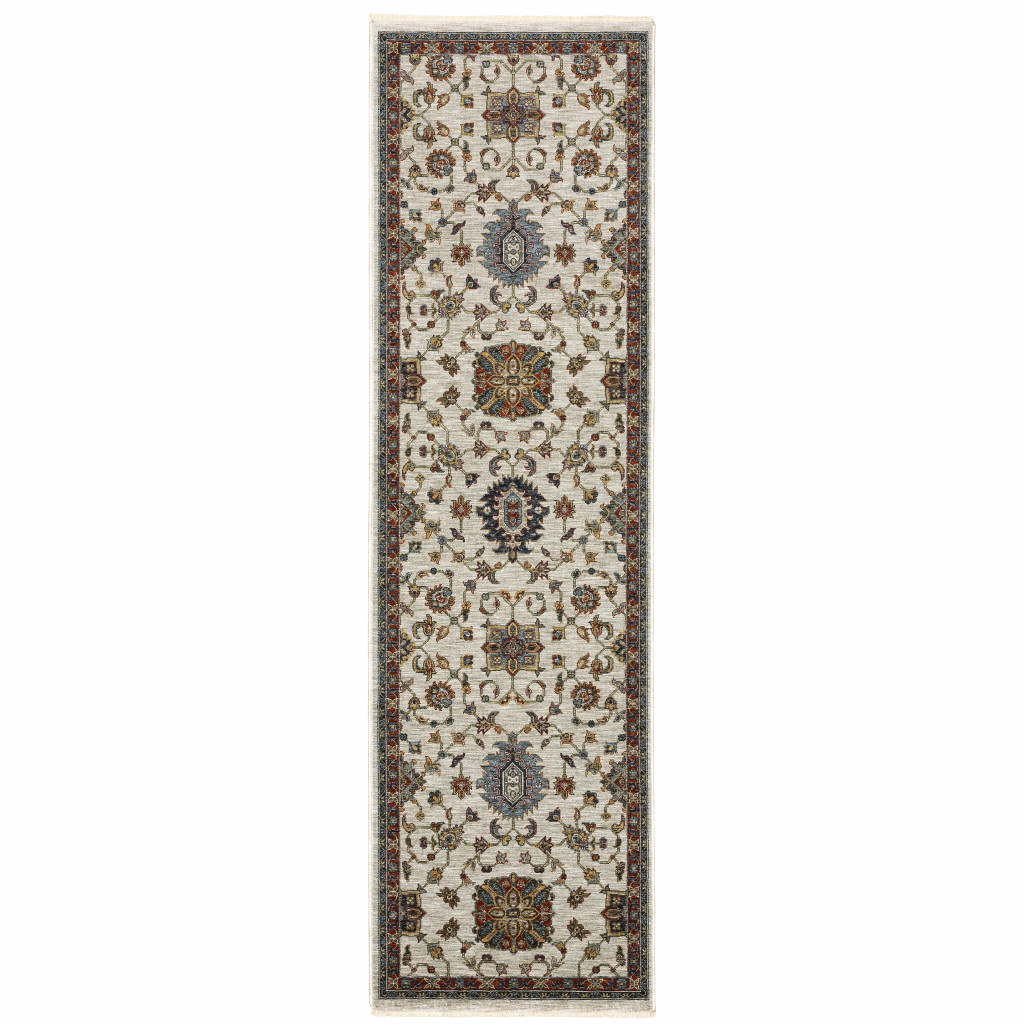 2 X 8 Beige Rust Red Blue gold And grey Oriental Power Loom Stain Resistant Runner Rug With Fringe