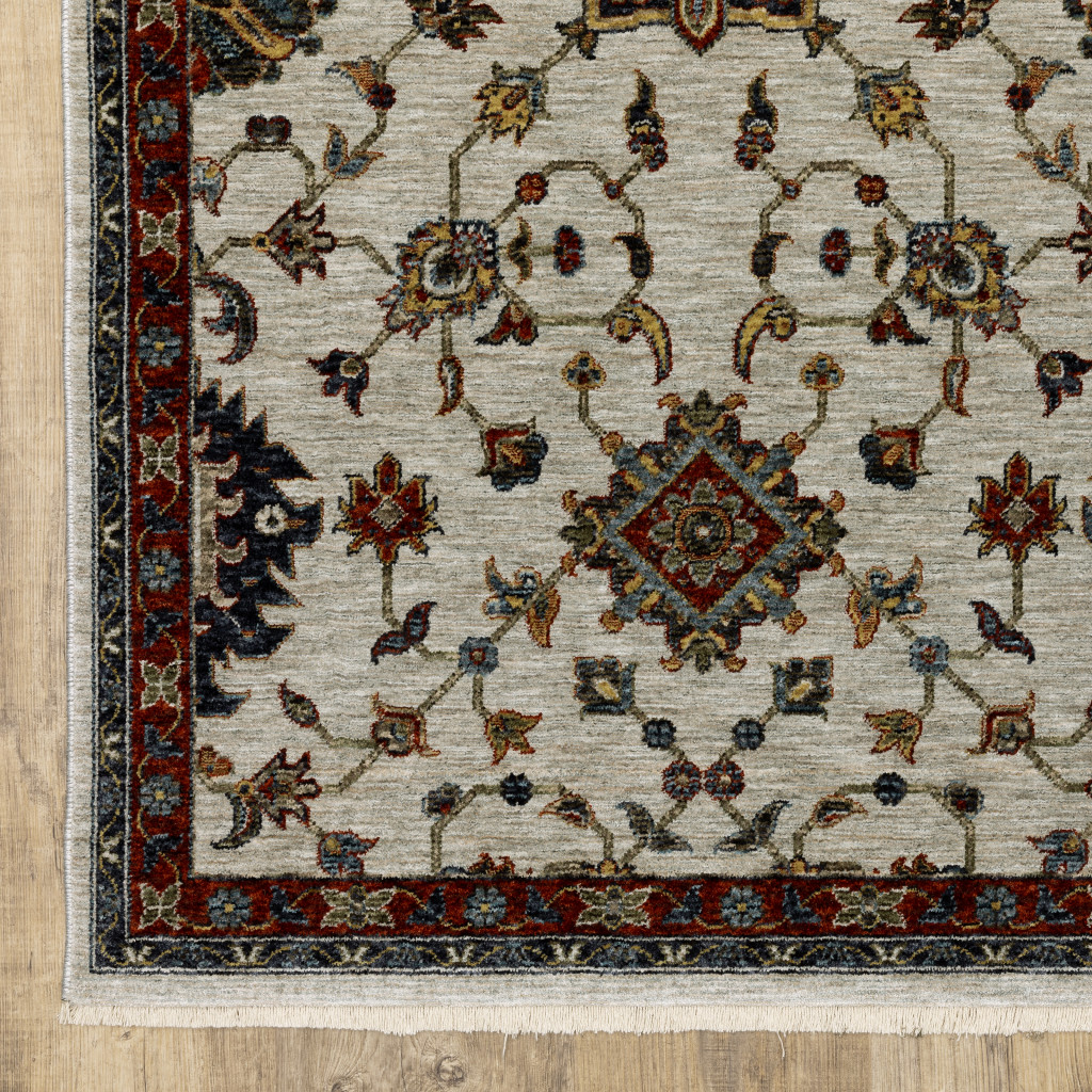 2 X 8 Beige Rust Red Blue gold And grey Oriental Power Loom Stain Resistant Runner Rug With Fringe