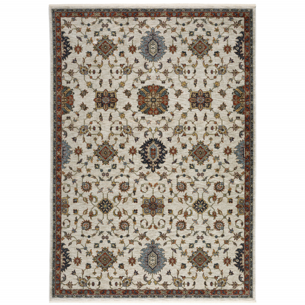 2 X 3 Ivory grey Rust Red gold And Shades Of Blue Oriental Power Loom Stain Resistant Area Rug With Fringe
