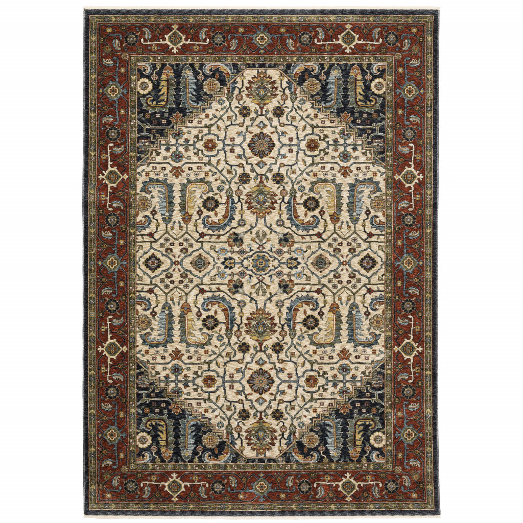 2 X 3 Ivory Beige Red Blue gold green And Navy Oriental Power Loom Stain Resistant Area Rug With Fringe
