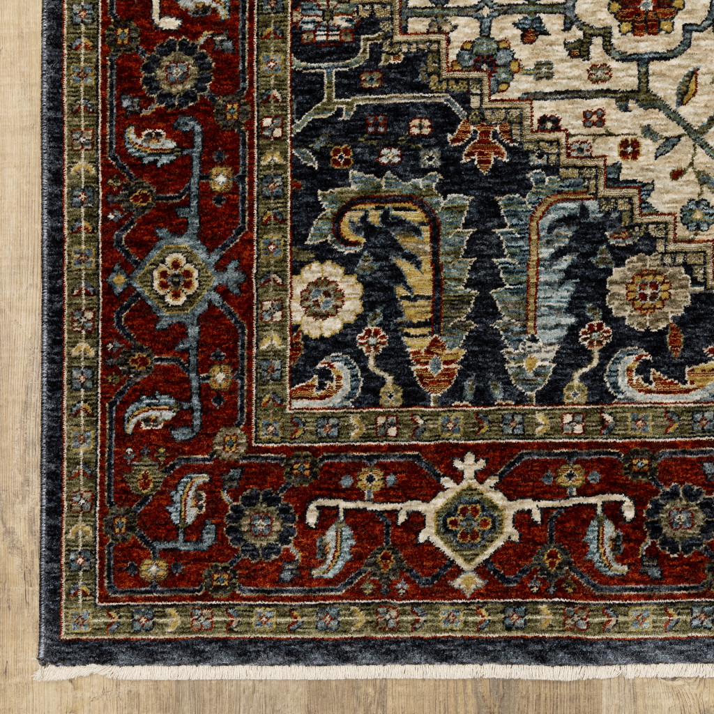 2 X 3 Ivory Beige Red Blue gold green And Navy Oriental Power Loom Stain Resistant Area Rug With Fringe