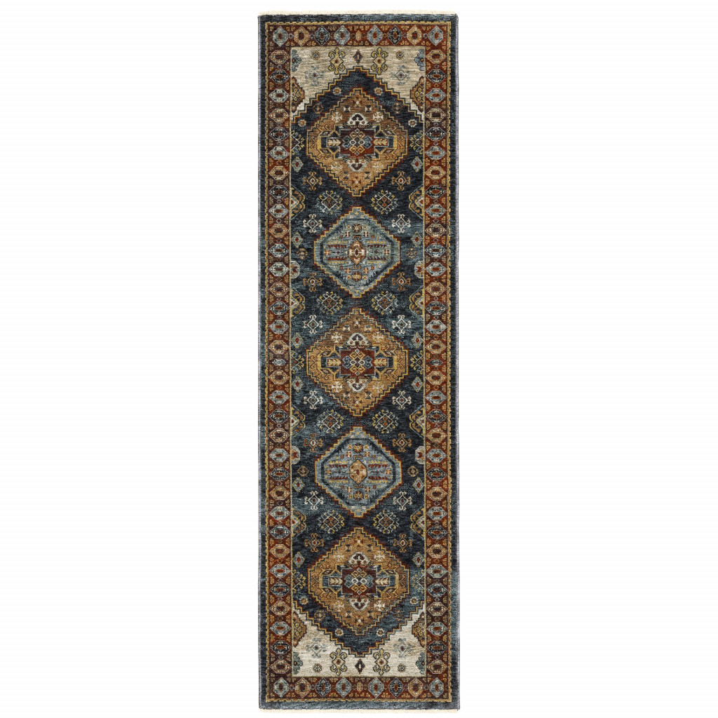 2 X 8 Blue And Beige Oriental Power Loom Runner Rug With Fringe