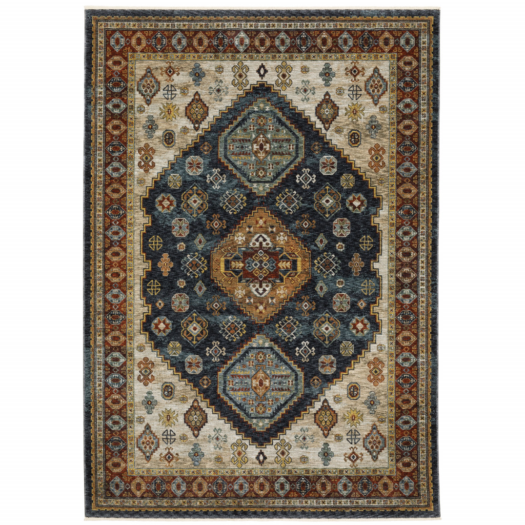 2 X 3 Blue Rust Red Beige Orange gold And Tan Oriental Power Loom Stain Resistant Area Rug With Fringe