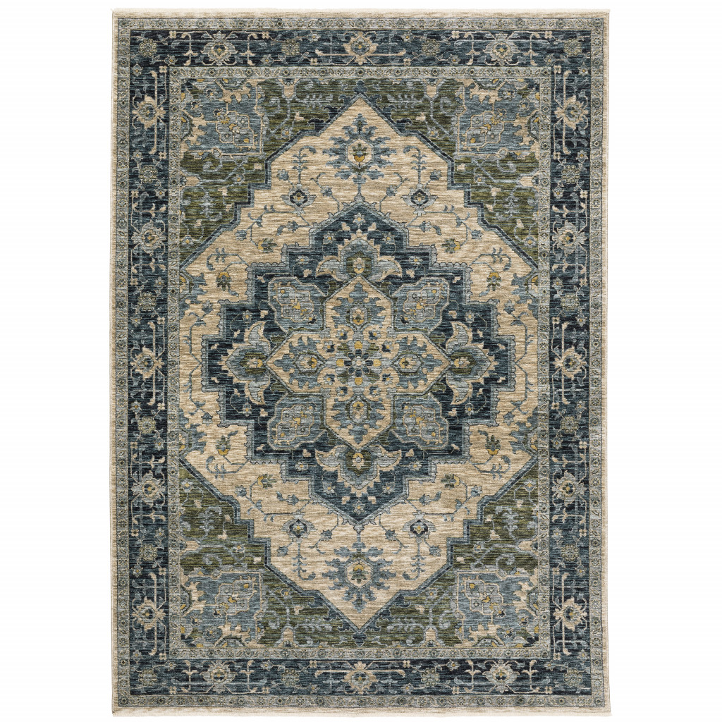 2 X 3 Blue grey Beige Tan green And gold Oriental Power Loom Stain Resistant Area Rug With Fringe