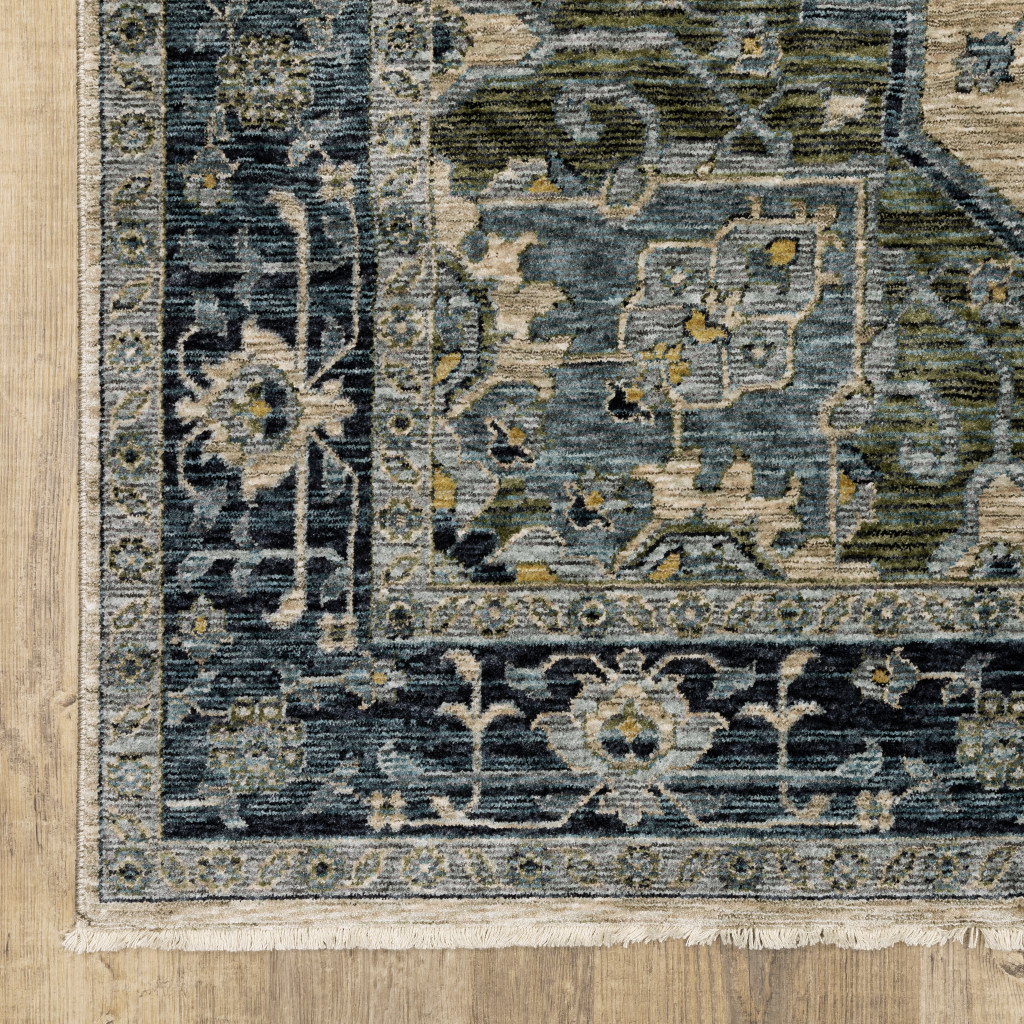 2 X 3 Blue grey Beige Tan green And gold Oriental Power Loom Stain Resistant Area Rug With Fringe