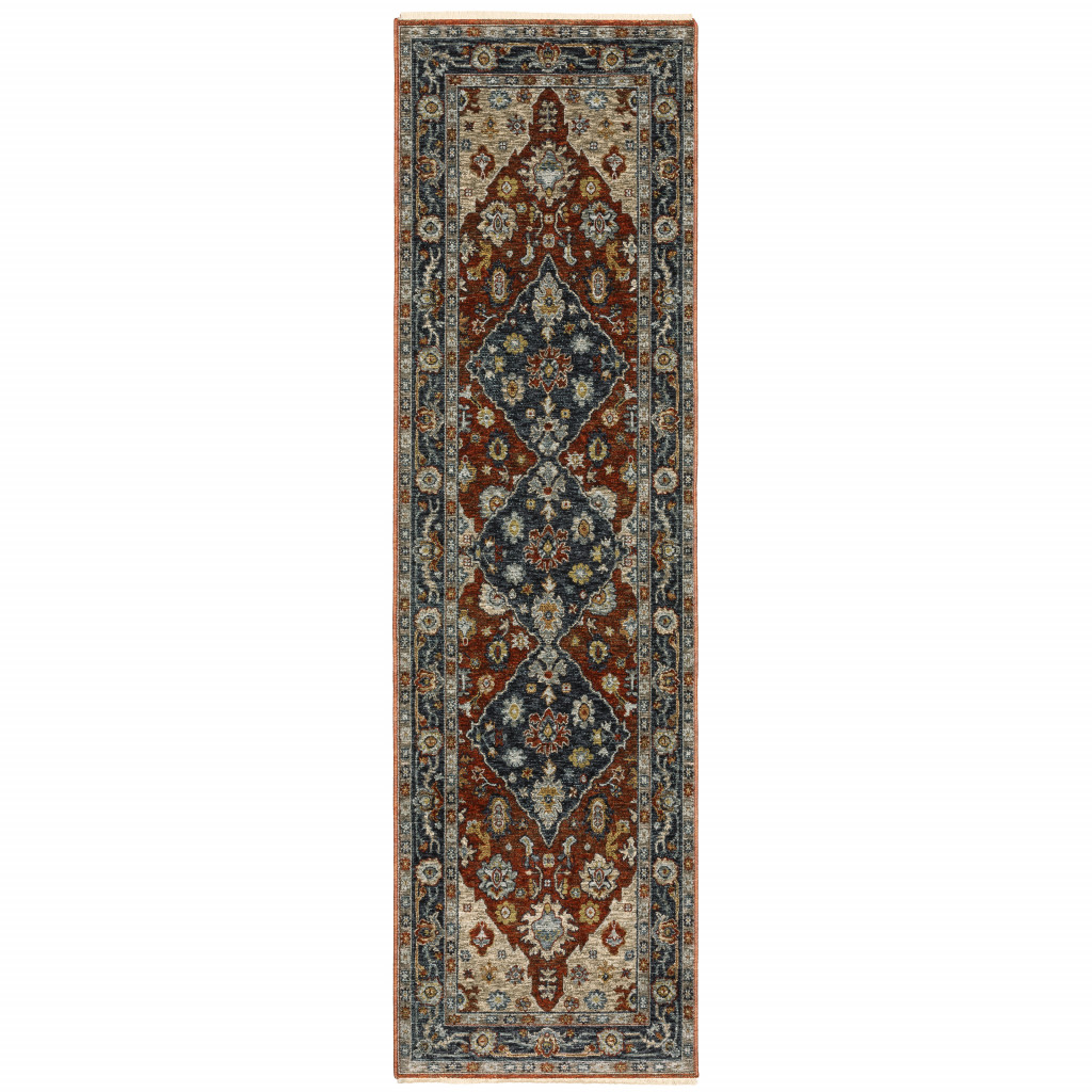 2 X 8 Blue Beige Tan Brown gold And Rust Red Oriental Power Loom Stain Resistant Runner Rug With Fringe