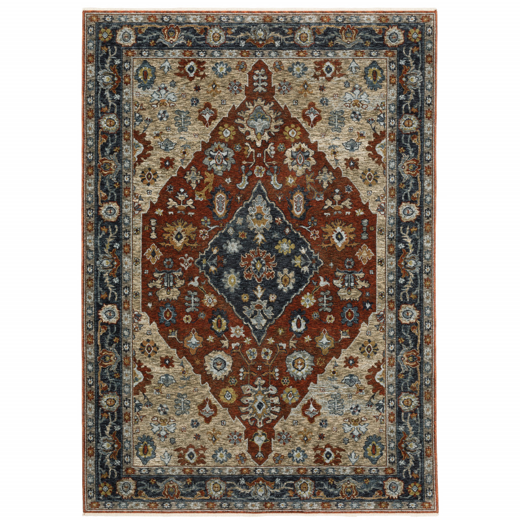 2 X 3 Blue Beige Tan Brown gold And Rust Red Oriental Power Loom Stain Resistant Area Rug With Fringe