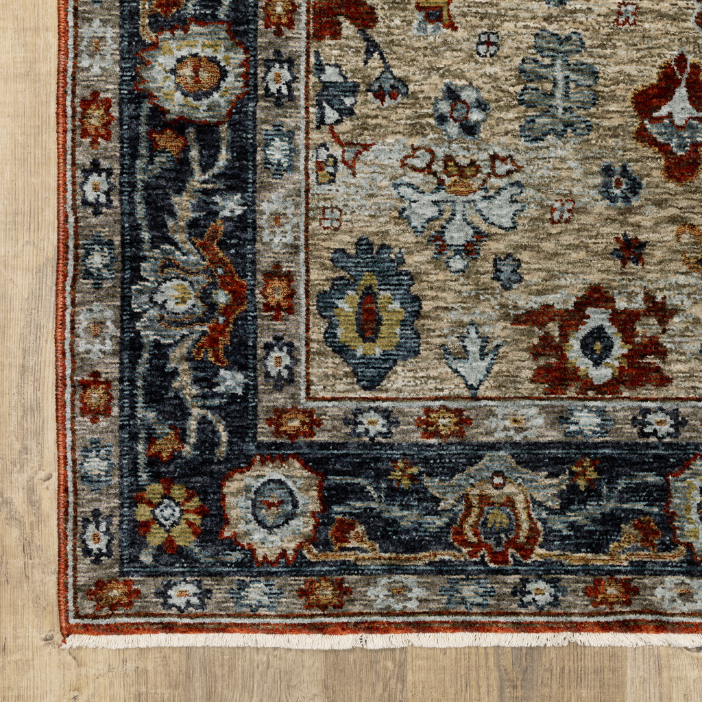 2 X 3 Blue Beige Tan Brown gold And Rust Red Oriental Power Loom Stain Resistant Area Rug With Fringe