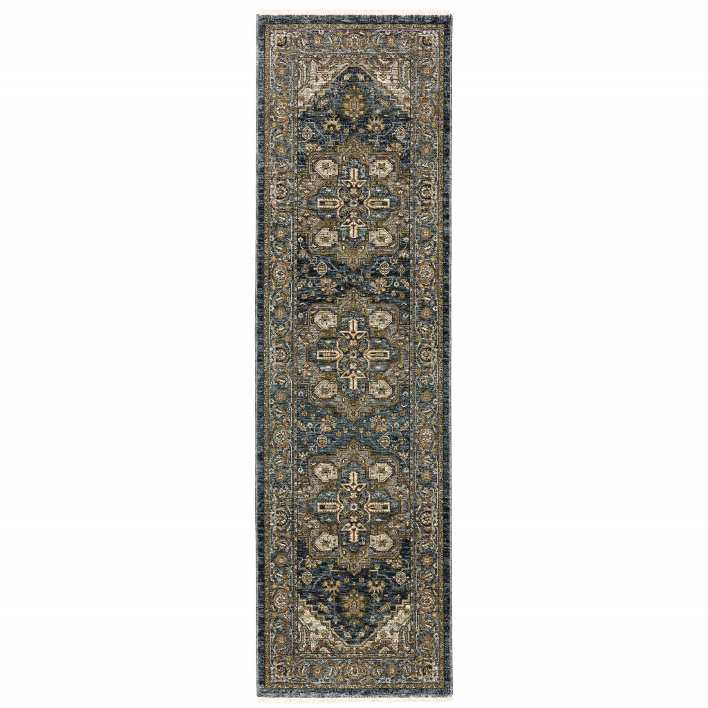8" Blue and Green Oriental Power Loom Runner Rug