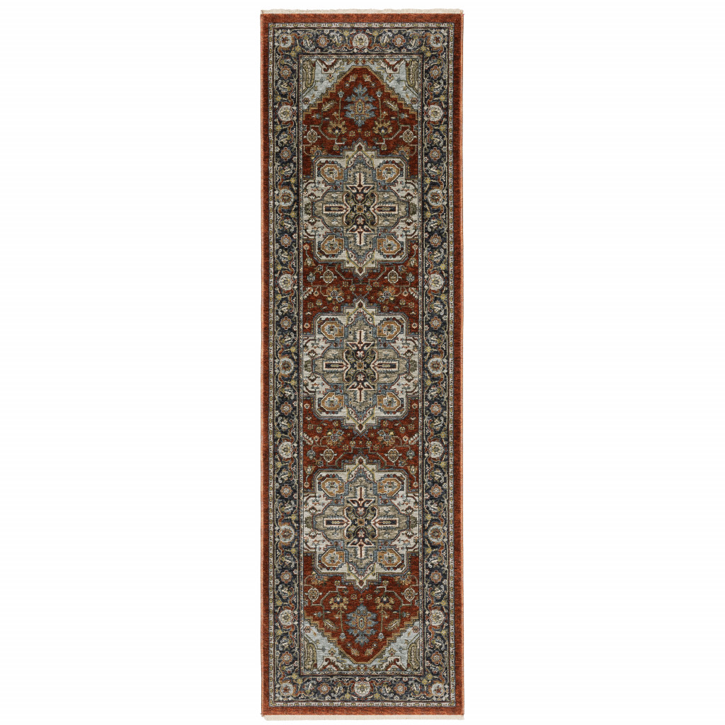 2 X 8 Blue Beige grey gold green And Rust Red Oriental Power Loom Stain Resistant Runner Rug With Fringe