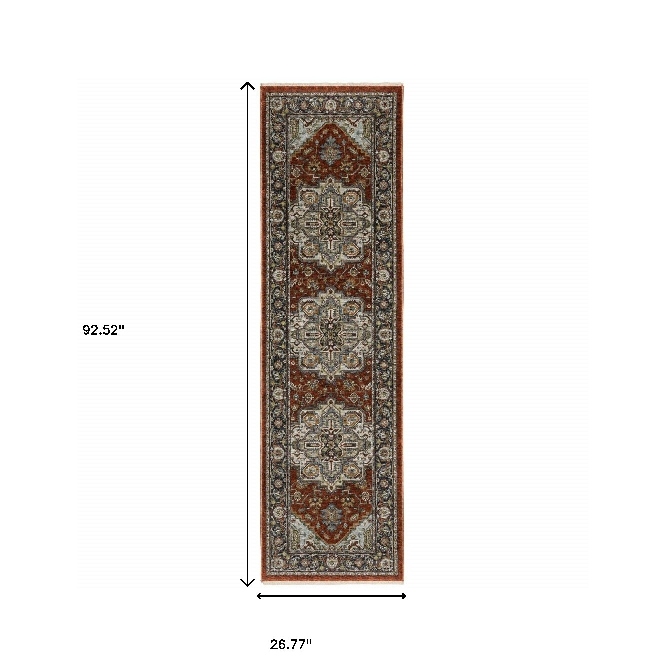 2" X 8" Blue Beige Grey Gold Green And Rust Red Oriental Power Loom Stain Resistant Runner Rug With Fringe