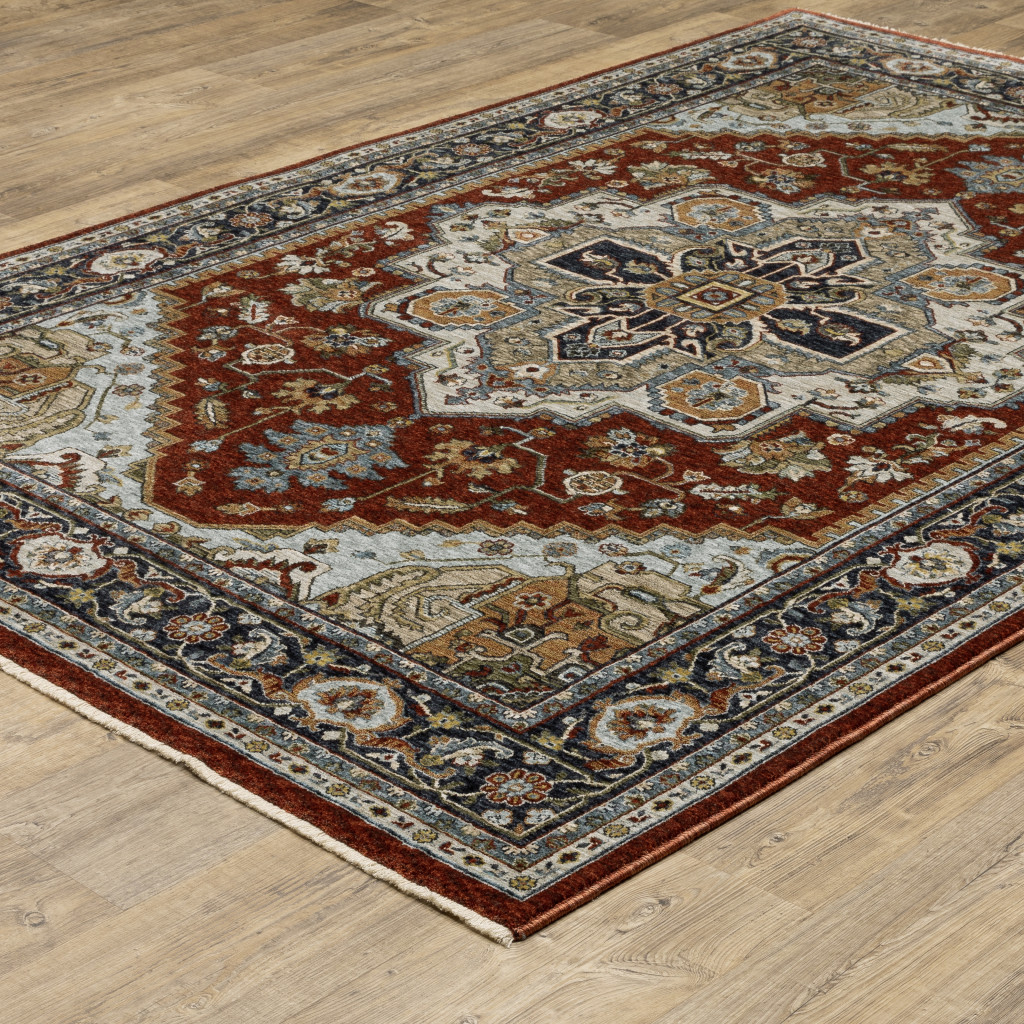 3" X 5" Blue Beige Grey Gold Green And Rust Red Oriental Power Loom Stain Resistant Area Rug With Fringe