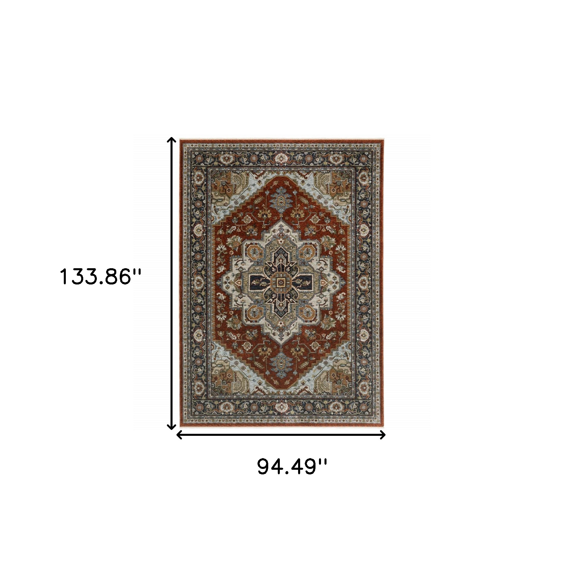 8" X 11" Blue and Beige Oriental Power Loom Area Rug With Fringe