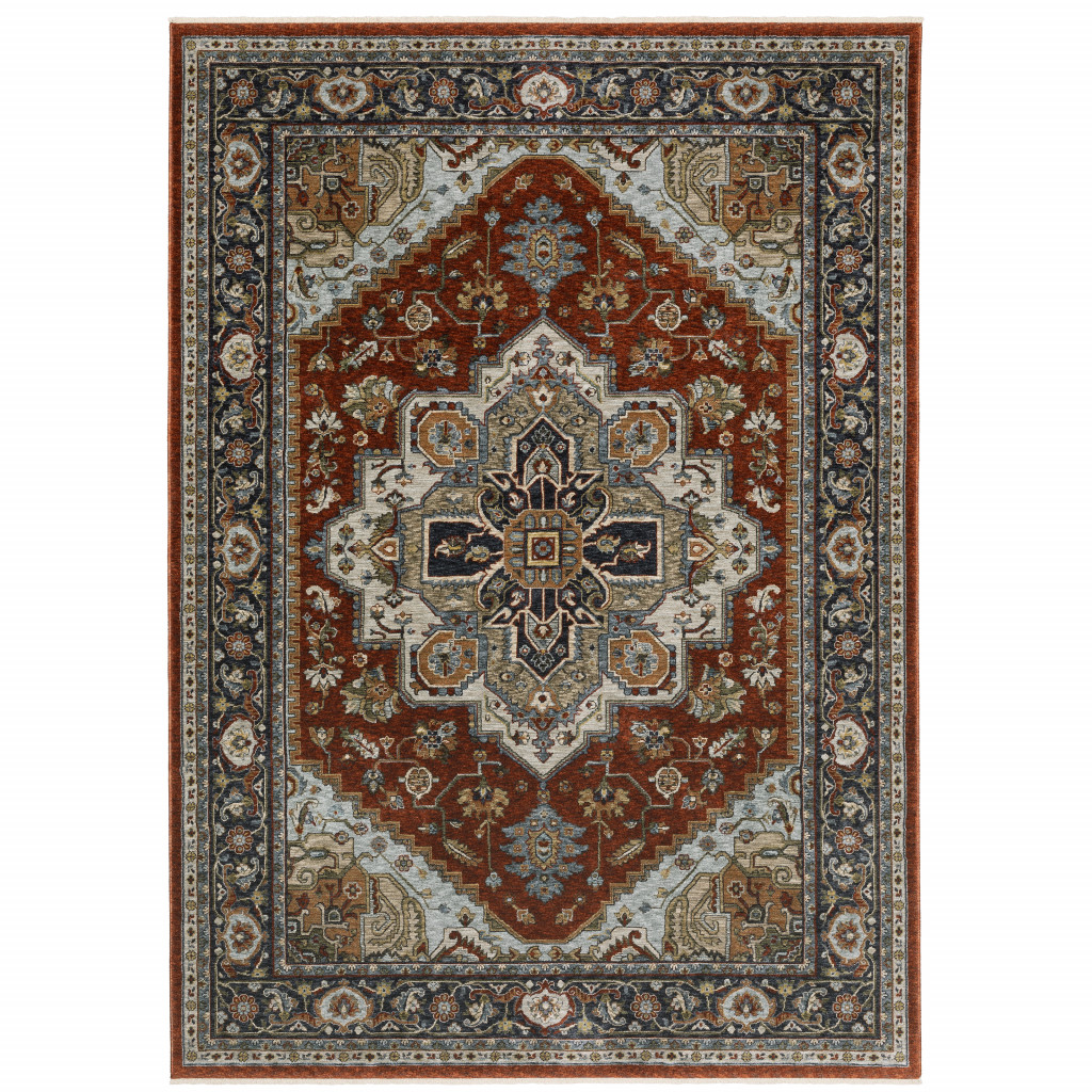10" X 13" Blue and Beige Oriental Power Loom Area Rug With Fringe