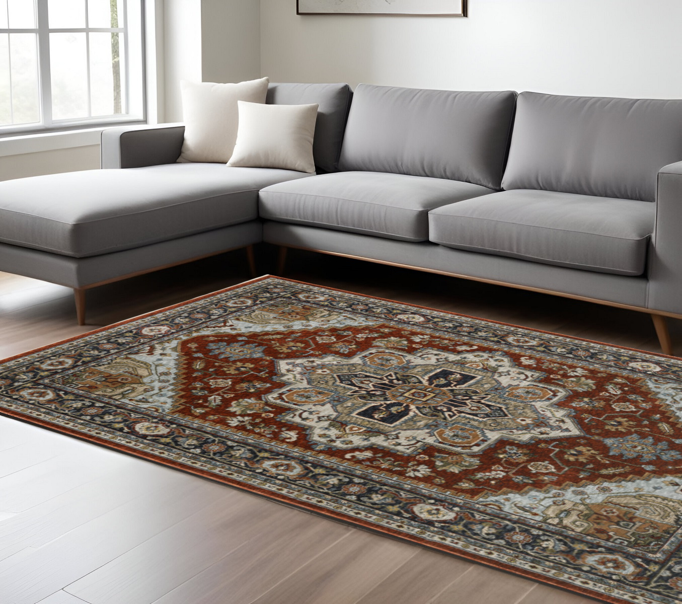 10" X 13" Blue and Beige Oriental Power Loom Area Rug With Fringe
