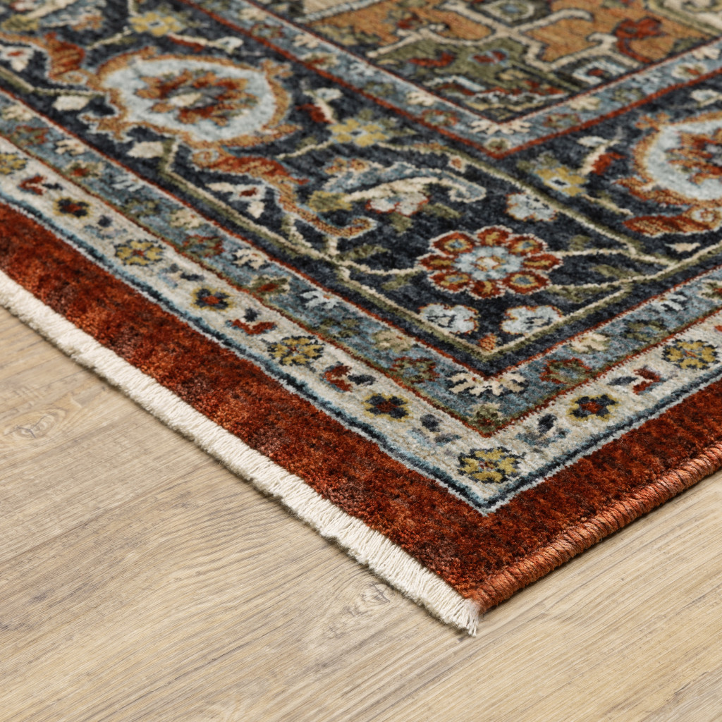 10" X 13" Blue and Beige Oriental Power Loom Area Rug With Fringe
