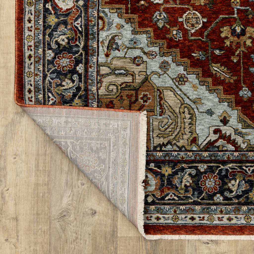 10" X 13" Blue and Beige Oriental Power Loom Area Rug With Fringe