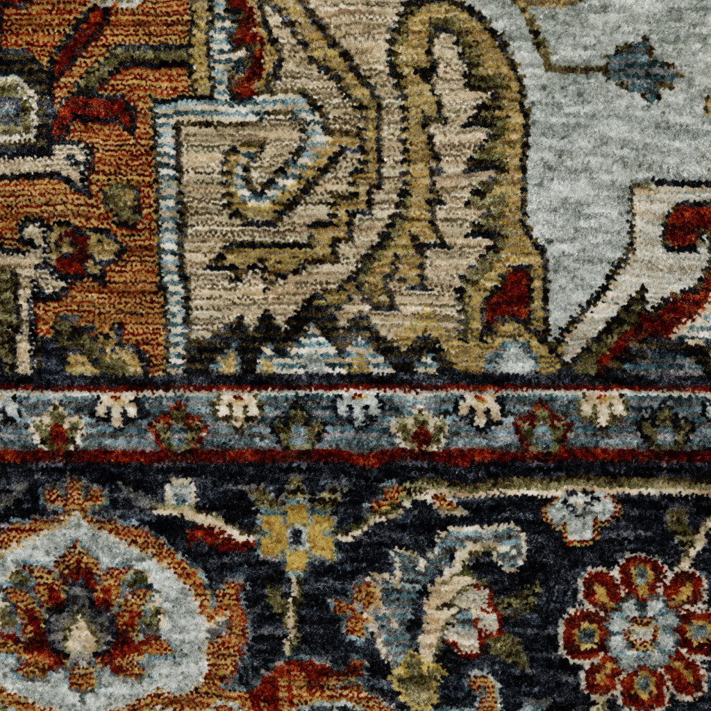 10" X 13" Blue and Beige Oriental Power Loom Area Rug With Fringe