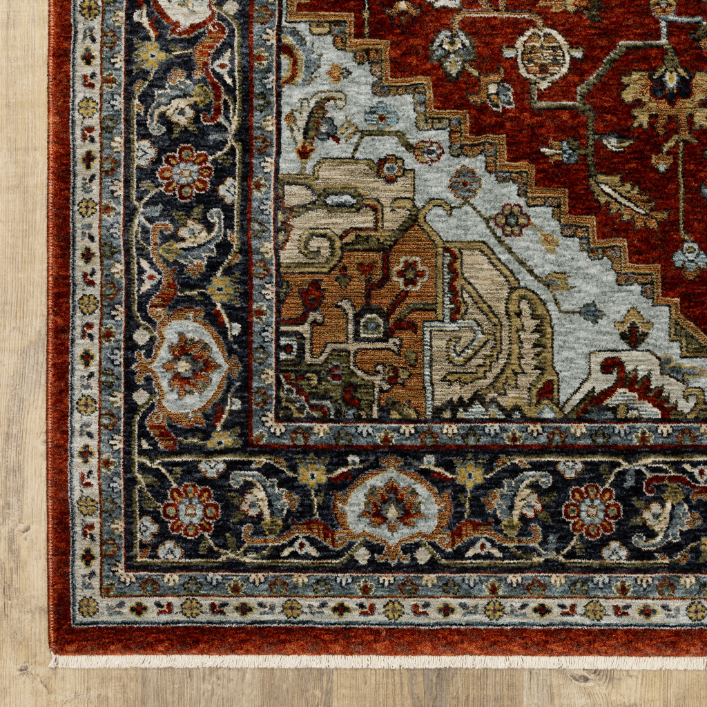 10" X 13" Blue and Beige Oriental Power Loom Area Rug With Fringe