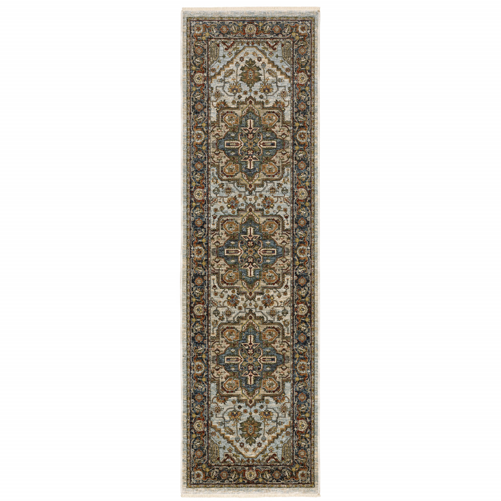 2 X 8 Ivory Beige Blue Orange gold green grey And Rust Oriental Power Loom Stain Resistant Runner Rug With Fringe