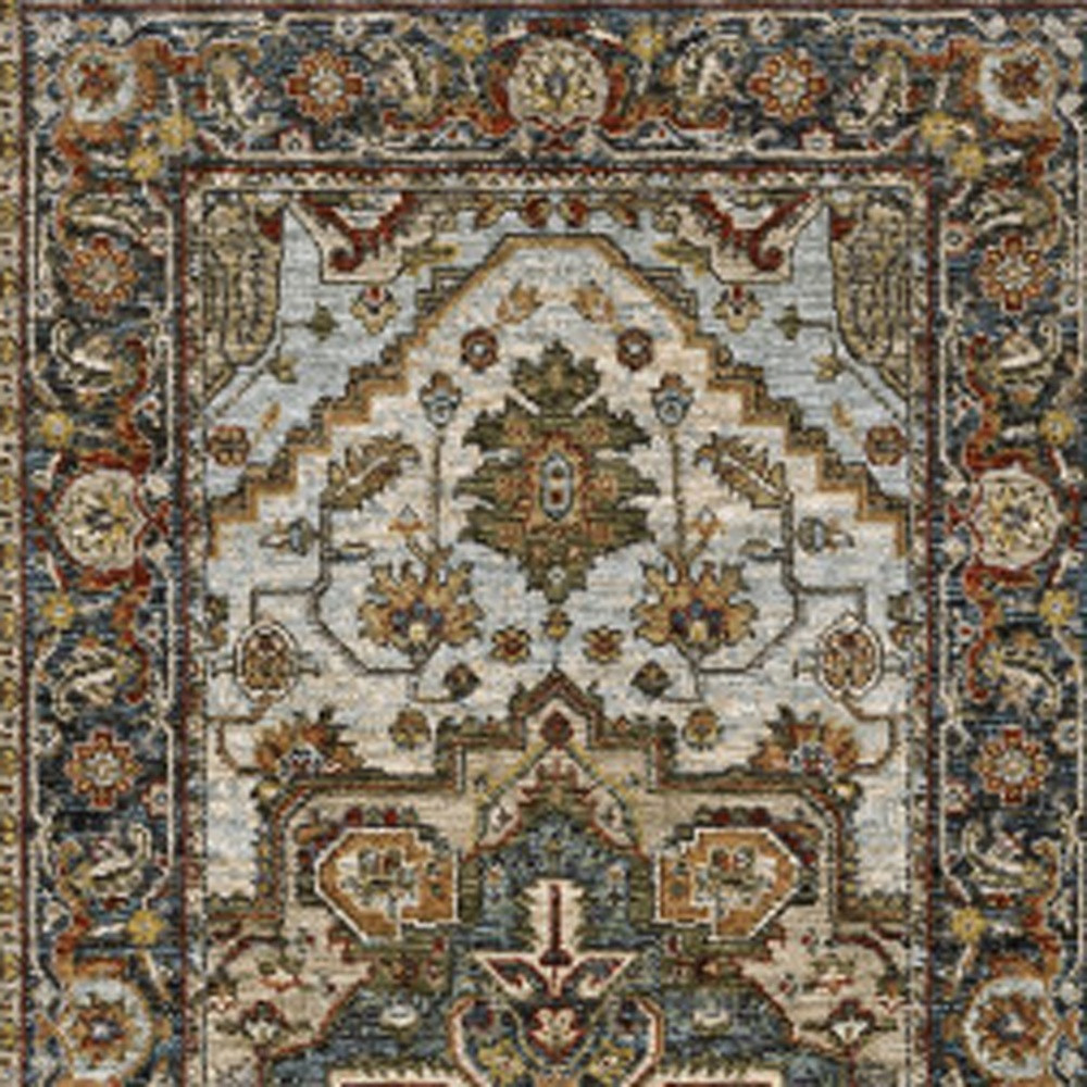 2" X 8" Ivory Beige Blue Orange Gold Green Grey And Rust Oriental Power Loom Stain Resistant Runner Rug With Fringe