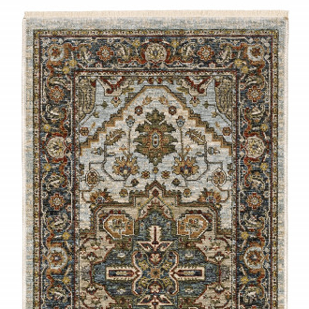 2" X 8" Ivory Beige Blue Orange Gold Green Grey And Rust Oriental Power Loom Stain Resistant Runner Rug With Fringe