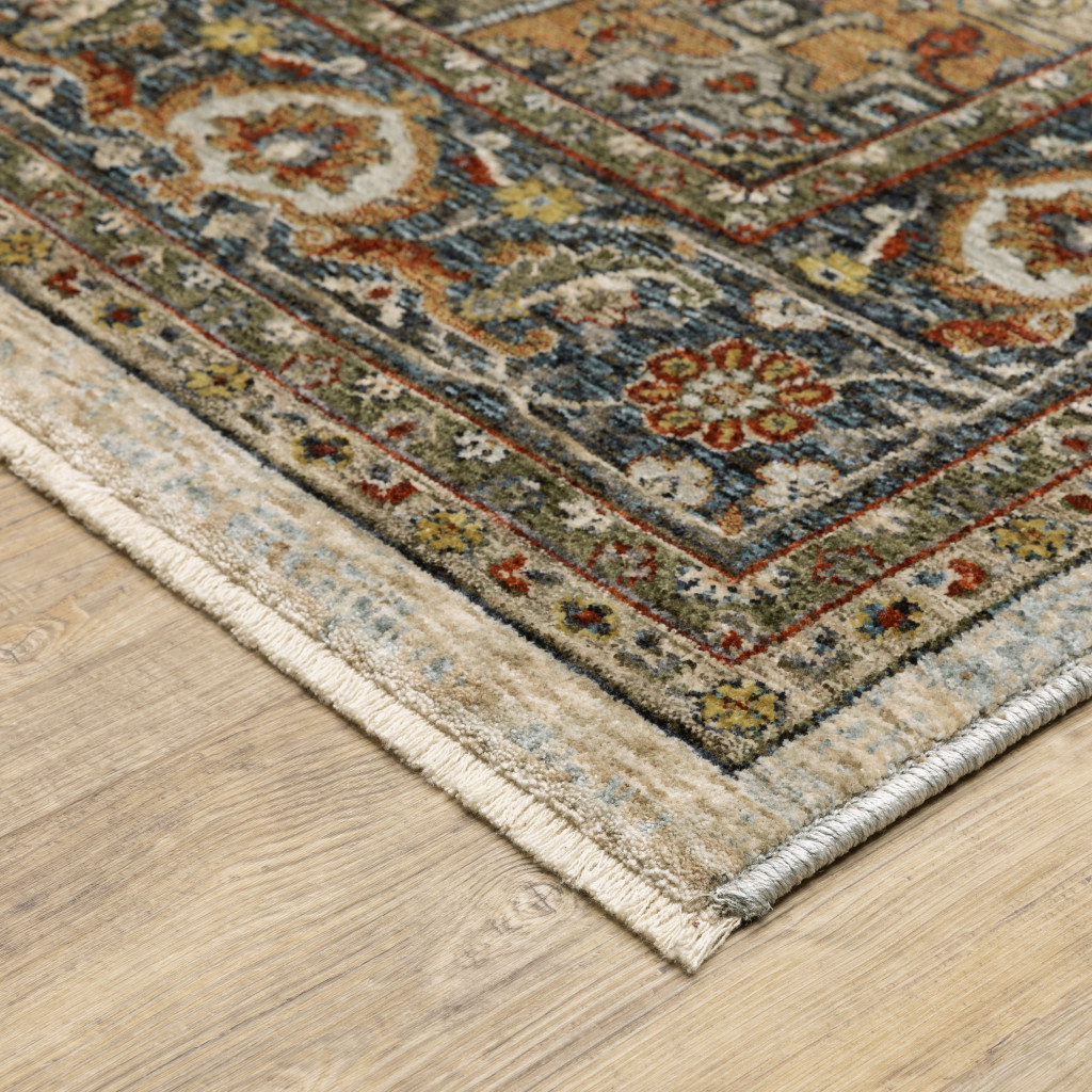 2" X 8" Ivory Beige Blue Orange Gold Green Grey And Rust Oriental Power Loom Stain Resistant Runner Rug With Fringe