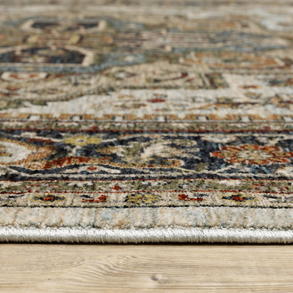 2" X 8" Ivory Beige Blue Orange Gold Green Grey And Rust Oriental Power Loom Stain Resistant Runner Rug With Fringe