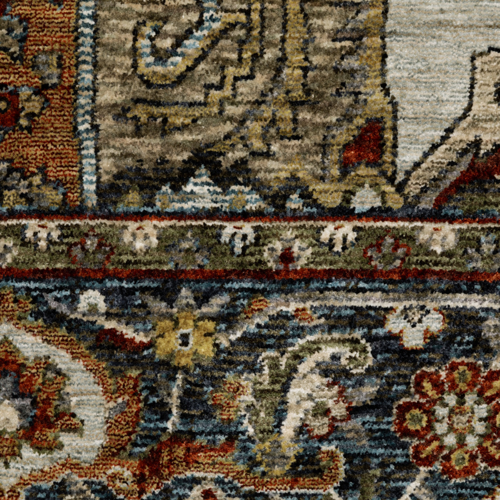 2" X 8" Ivory Beige Blue Orange Gold Green Grey And Rust Oriental Power Loom Stain Resistant Runner Rug With Fringe