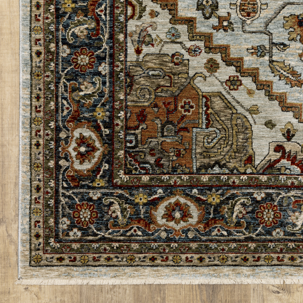 2" X 8" Ivory Beige Blue Orange Gold Green Grey And Rust Oriental Power Loom Stain Resistant Runner Rug With Fringe