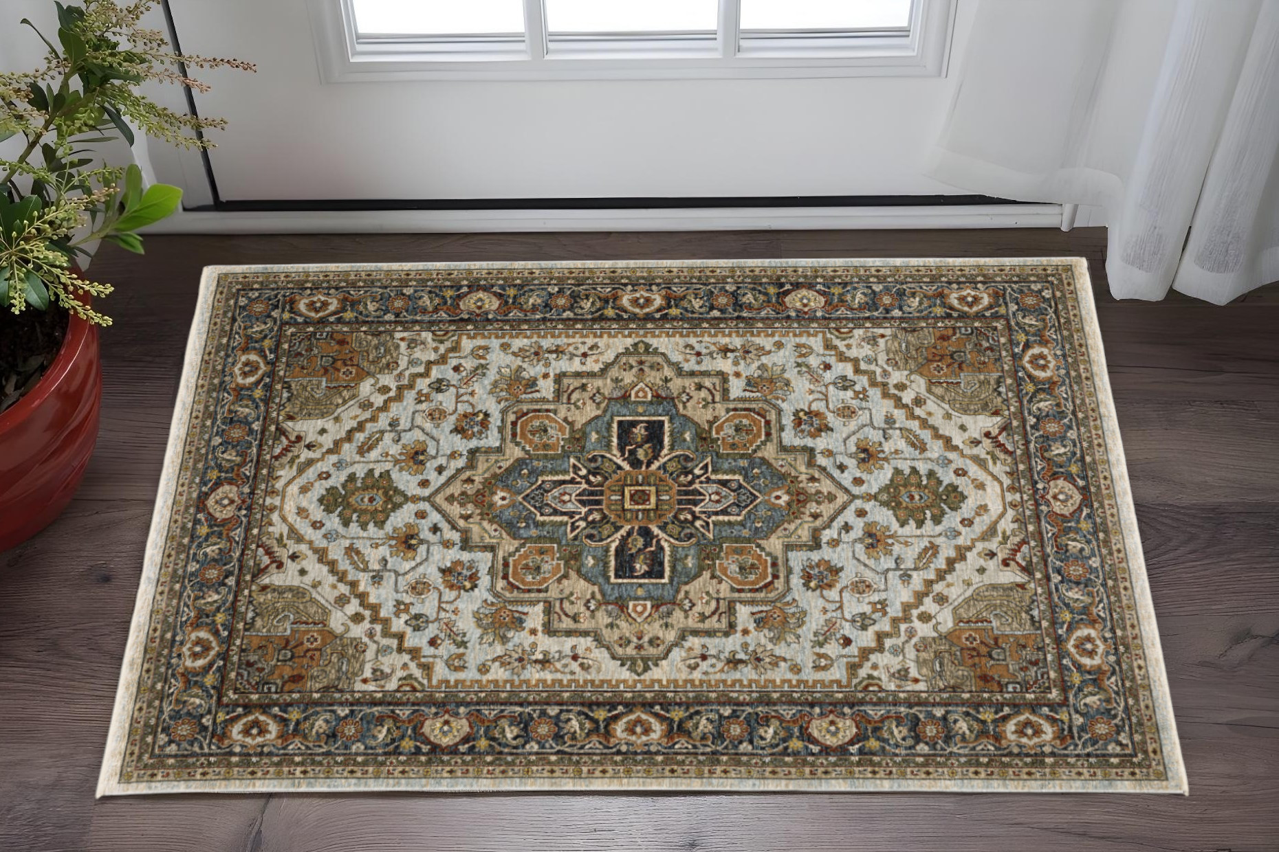 3' X 5' Beige And Ivory Oriental Area Rug With Fringe-508075-1