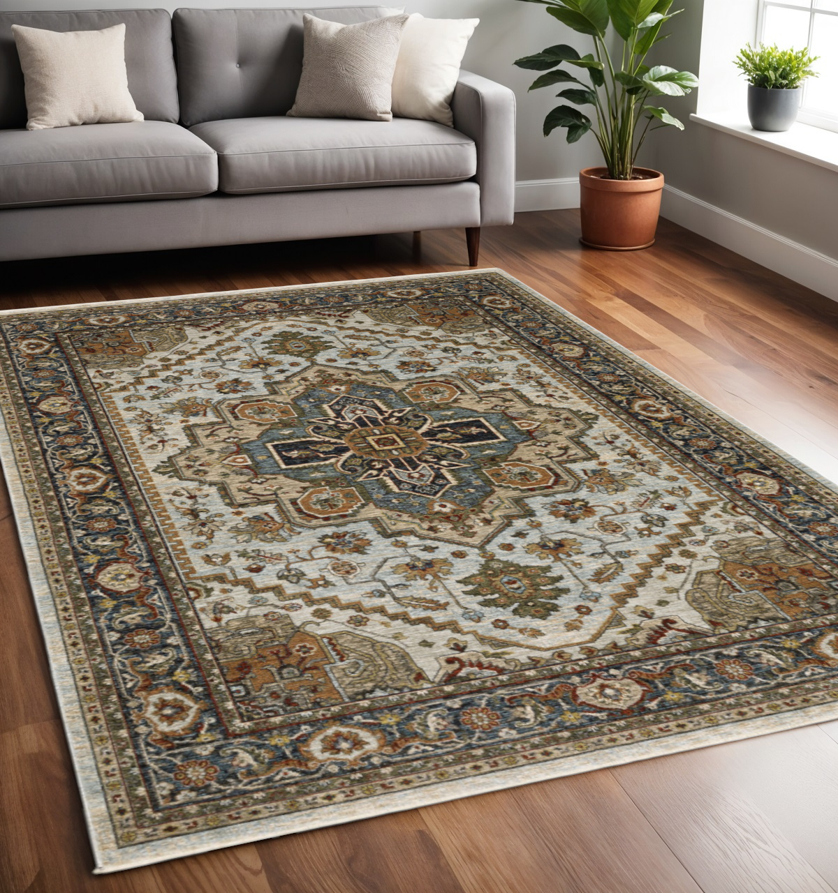 5' X 8' Ivory And Blue Oriental Area Rug With Fringe-508076-1
