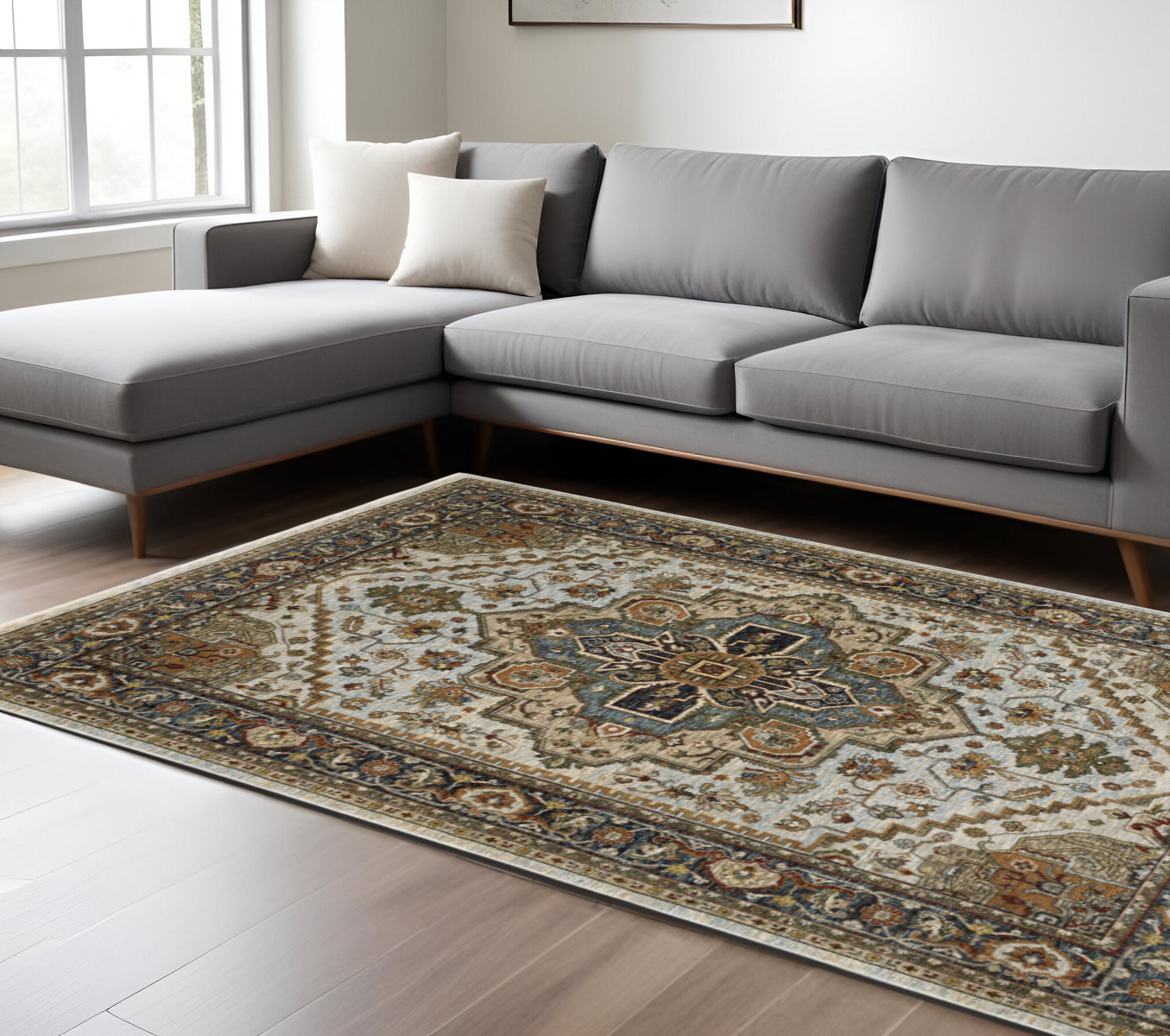 8' X 11' Ivory And Blue Oriental Area Rug With Fringe-508078-1