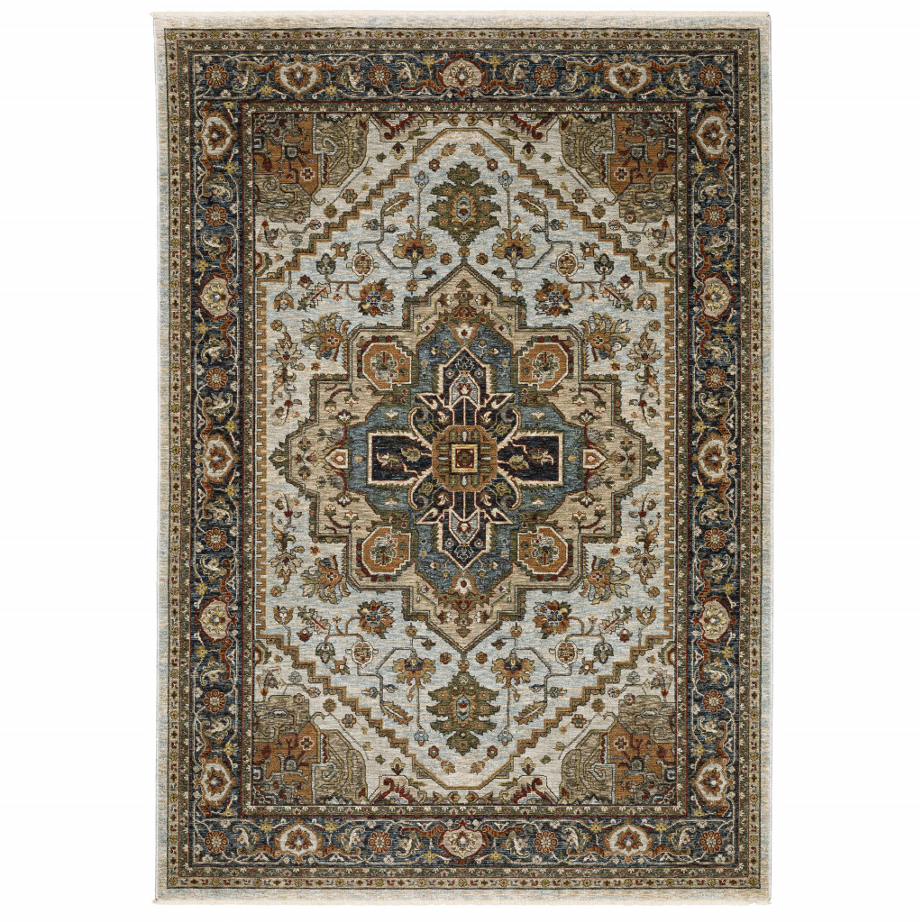 10' X 13' Ivory Beige Blue Orange Gold Green Grey And Rust Oriental Power Loom Stain Resistant Area Rug With Fringe-508079-1