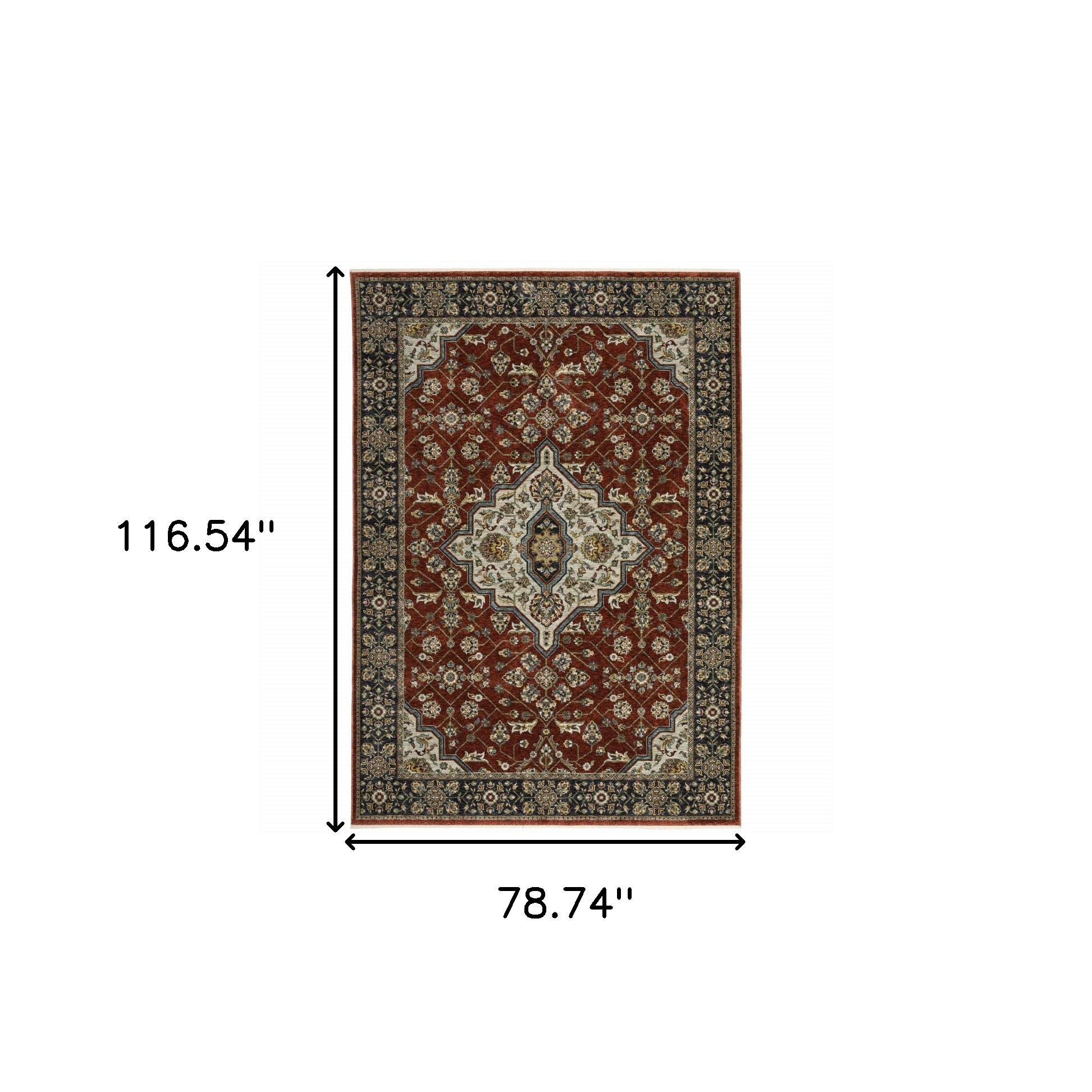 7" X 10" Red and Ivory Oriental Power Loom Area Rug With Fringe