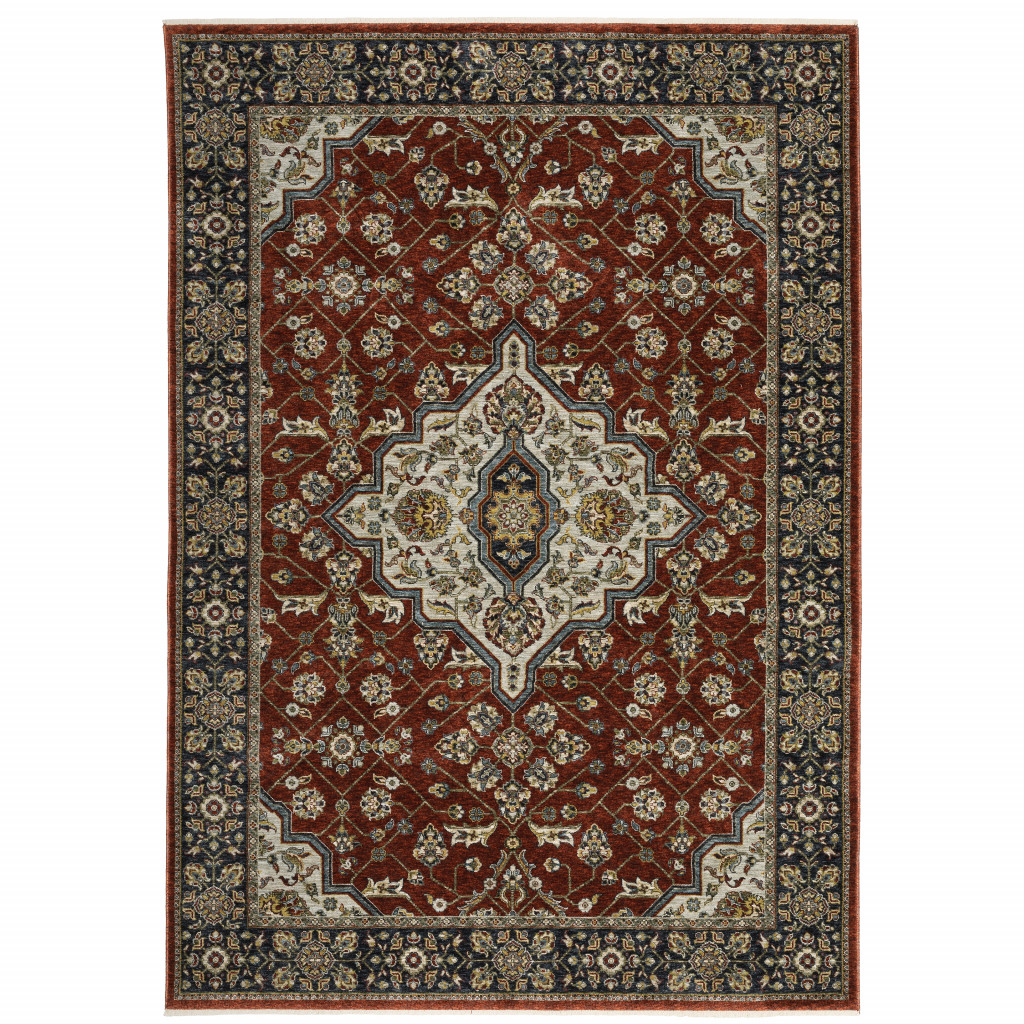 8" X 11" Red and Ivory Oriental Power Loom Area Rug With Fringe