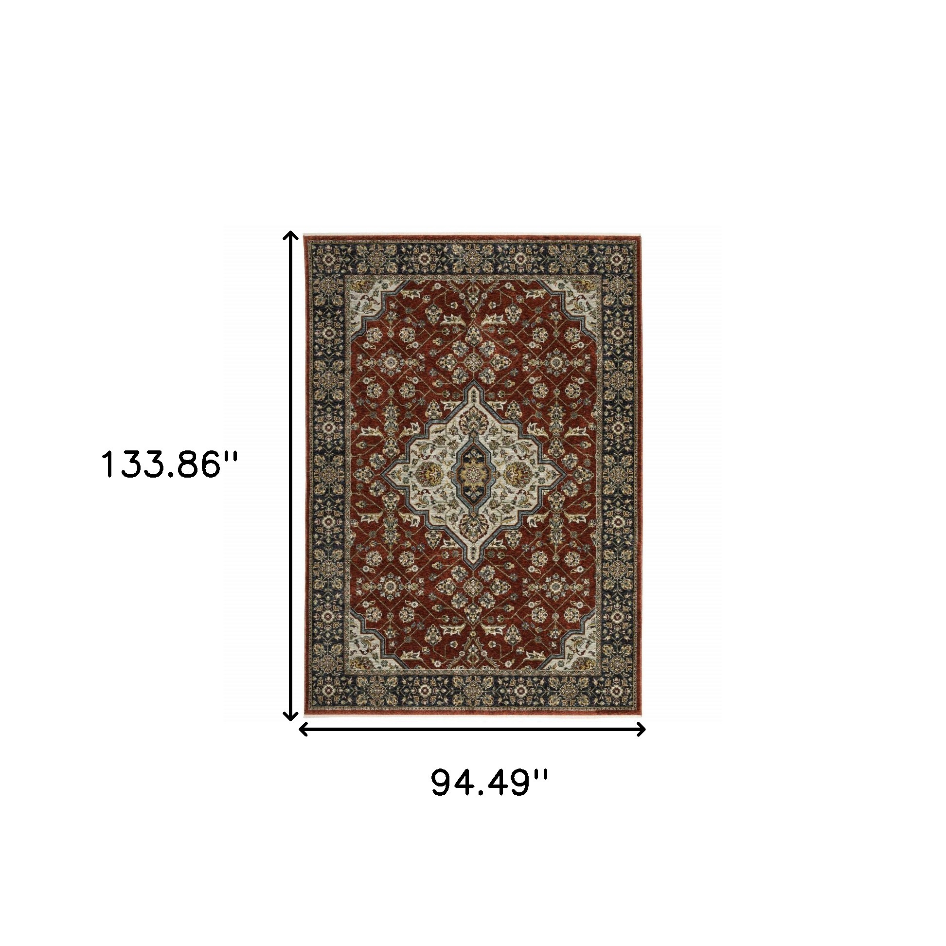 8" X 11" Red and Ivory Oriental Power Loom Area Rug With Fringe