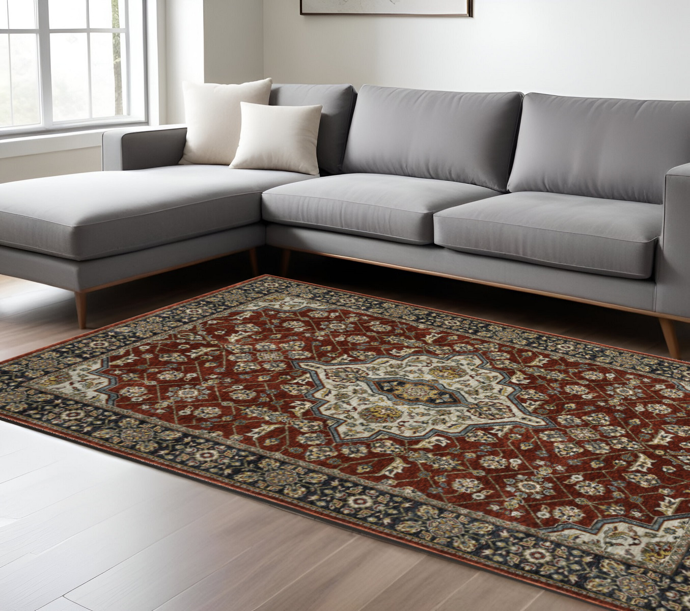 8" X 11" Red and Ivory Oriental Power Loom Area Rug With Fringe